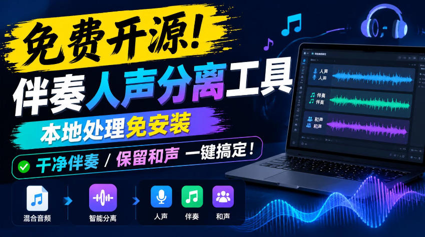 免费开源！伴奏人声分离工具，本地处理免安装，干净伴奏，保留和声一键搞定！-智享云联