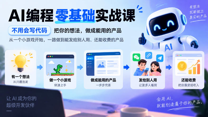 AI编程零基础实战课，不用会写代码，把你的想法，做成能用的产品，从一个小游戏开始，一路做到能发给别人用、还能收费的产品-智享云联