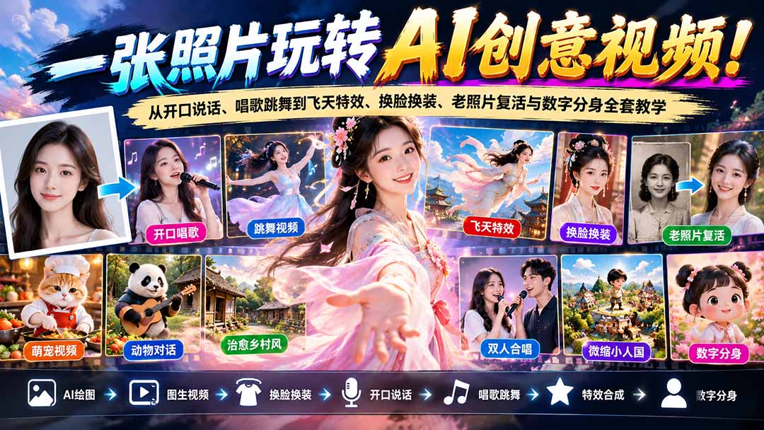 一张照片玩转AI创意视频!从开口说话、唱歌跳舞到飞天特效、换脸换装、老照片复活与数字分身全套教学-智享云联