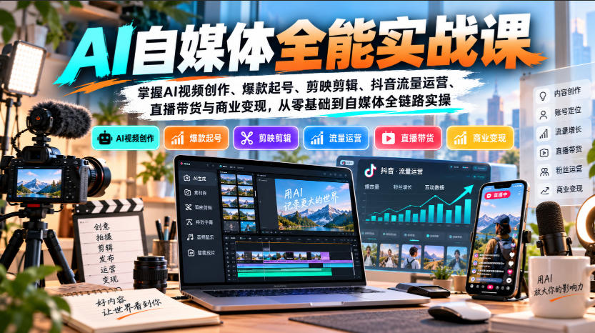 【无水印】AI自媒体全能实战课,掌握AI视频创作、爆款起号、剪映剪辑、抖音流量运营、直播带货与商业变现,从零基础到自媒体全链路实操-智享云联