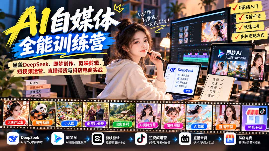 【无水印】AI+自媒体全能训练营:涵盖DeepSeek、即梦创作、剪映剪辑、短视频运营、直播带货与抖店电商实战-智享云联