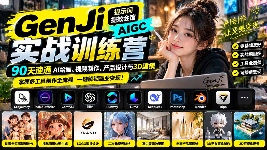 GenJi AIGC实战训练营：90天速通AI绘画、视频制作、产品设计与3D建模，掌握多工具创作全流程-智享云联