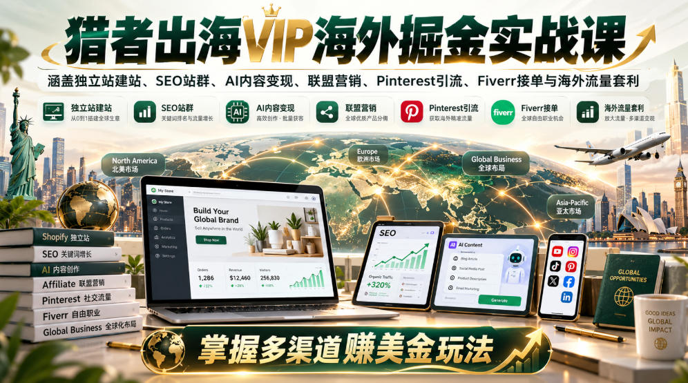 猎者出海VIP海外掘金实战课:涵盖独立站、SEO站群、AI变现、联盟营销、Pinterest引流、Fiverr接单与海外流量套利,掌握多渠道賺美金玩法-智享云联