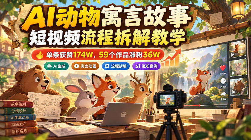 AI动物寓言故事短视频流程拆解教学,单条获赞174W,59个作品涨粉36W-智享云联
