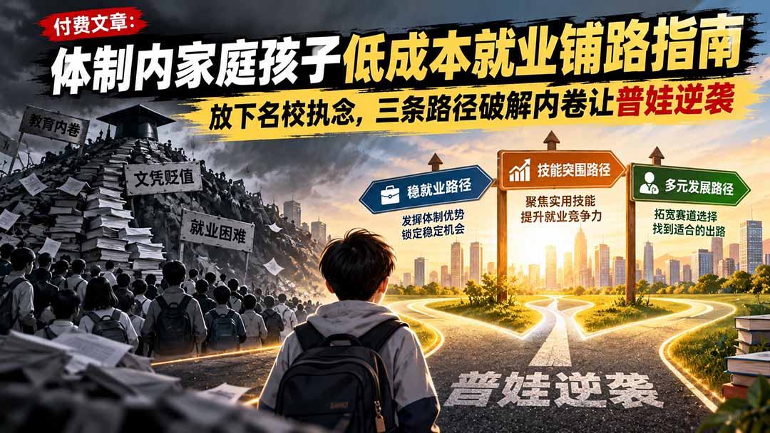 付费文章:体制内家庭孩子低成本就业铺路指南,放下名校执念,三条路径破解内卷让普娃逆袭-智享云联