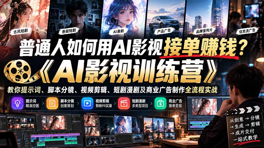 普通人如何用AI影视接单赚钱?《AI影视训练营》教你提示词、脚本分镜、视频剪辑、短剧漫剧及商业广告制作全流程实战-智享云联