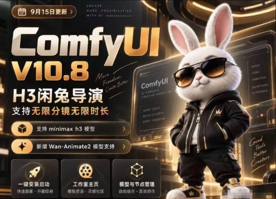 ComfyUI V10.8中文整合包,H3闲兔导演,支持无限分镜无限时长,1000+工作流,动作迁移,角色替换,视频一致性,口型同步,低显存可用-智享云联